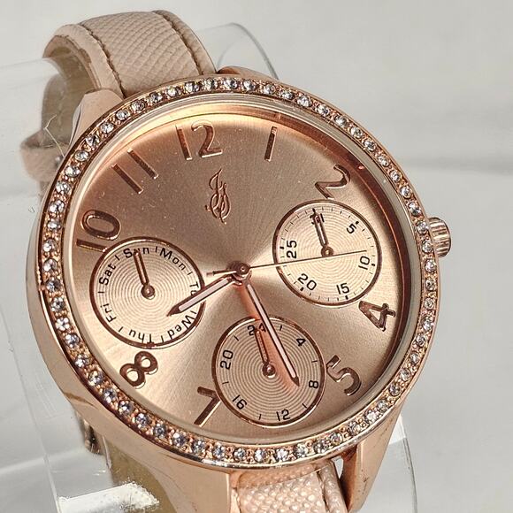 Women's JS Quartz Watch Rose Gold Dial Crystal Bezel Faux Leather Band 38mm - Picture 3 of 13